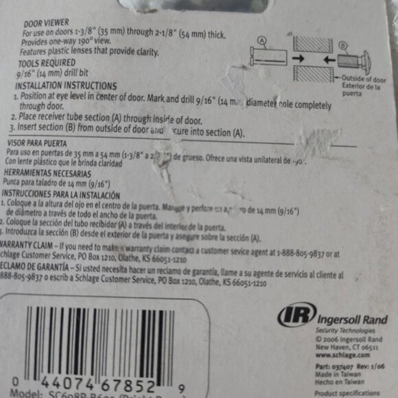 Schlage Solid Brass One Way door viewer Security Hardware Peep hole - Picture 2 of 2